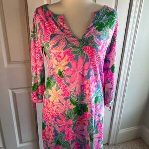 Lilly Pulitzer Floral Shift Dress - Bright Pink & Blue Tropical Print sz Large L